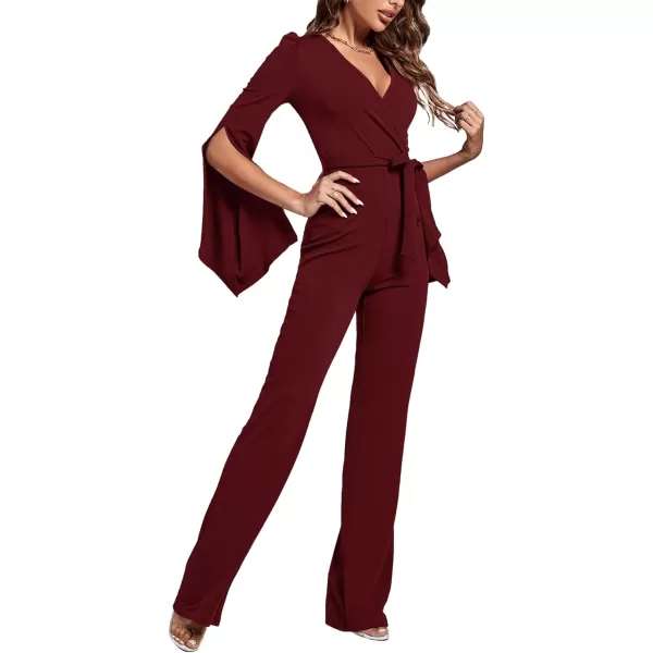 LYANER Women's Split Long Sleeve Wrap Deep V Neck Tie Waist Jumpsuit Long Pants Romper