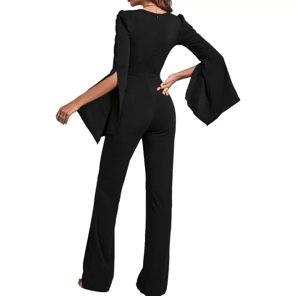 LYANER Women's Split Long Sleeve Wrap Deep V Neck Tie Waist Jumpsuit Long Pants Romper