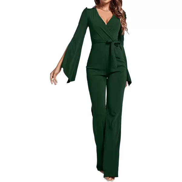 LYANER Women's Split Long Sleeve Wrap Deep V Neck Tie Waist Jumpsuit Long Pants Romper