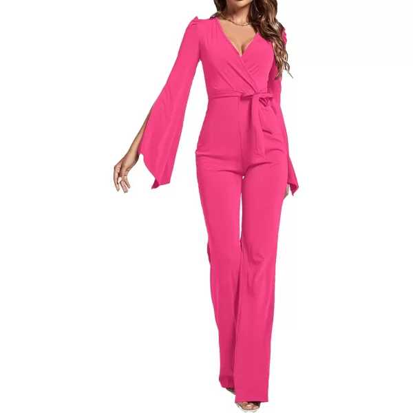 LYANER Women's Split Long Sleeve Wrap Deep V Neck Tie Waist Jumpsuit Long Pants Romper