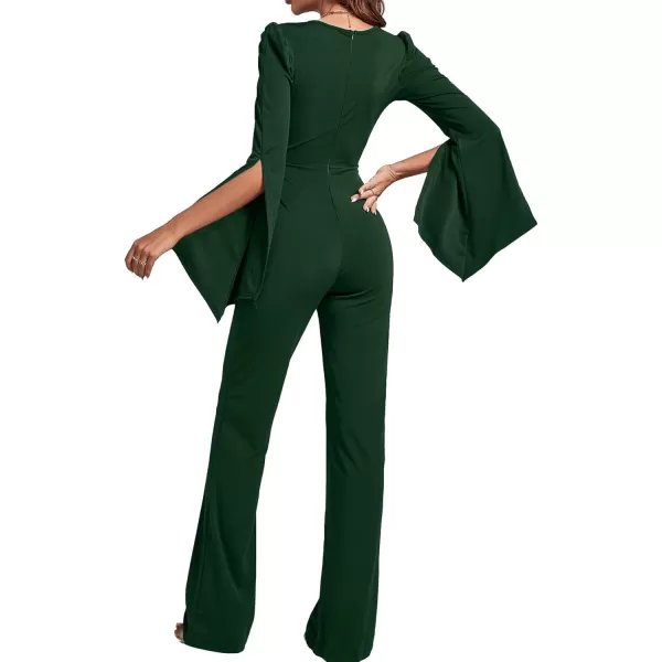 LYANER Women's Split Long Sleeve Wrap Deep V Neck Tie Waist Jumpsuit Long Pants Romper