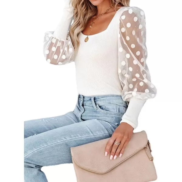 LYANER Women’s Square Neck Blouse Sheer Mesh Lantern Sleeve Polka Dot Knit Business Casual Tops Shirts