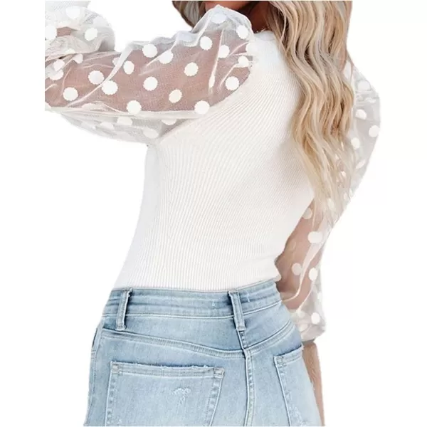 LYANER Women’s Square Neck Blouse Sheer Mesh Lantern Sleeve Polka Dot Knit Business Casual Tops Shirts