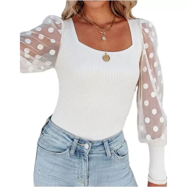 LYANER Women’s Square Neck Blouse Sheer Mesh Lantern Sleeve Polka Dot Knit Business Casual Tops Shirts