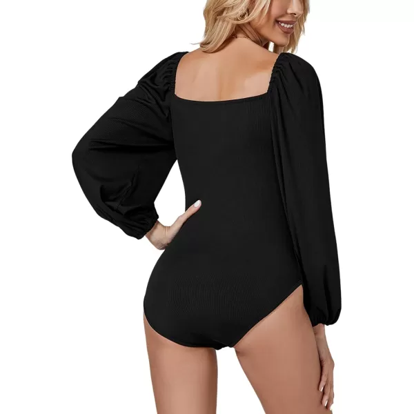 LYANER Women's Square Neck Lantern Long Sleeve Ribbed Bodycon Tops Bodysuit Jumpsuit