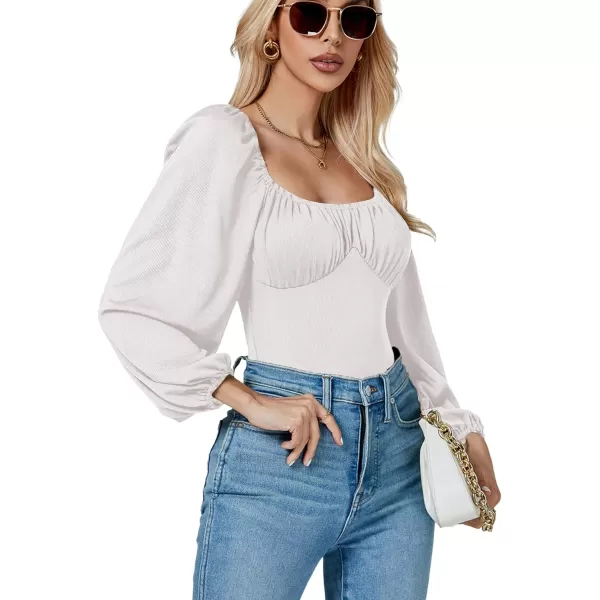 LYANER Women's Square Neck Lantern Long Sleeve Ribbed Bodycon Tops Bodysuit Jumpsuit