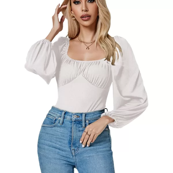 LYANER Women's Square Neck Lantern Long Sleeve Ribbed Bodycon Tops Bodysuit Jumpsuit