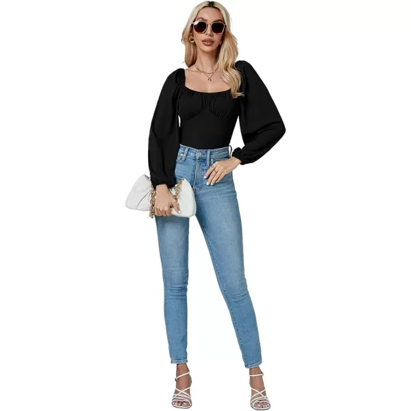 LYANER Women's Square Neck Lantern Long Sleeve Ribbed Bodycon Tops Bodysuit Jumpsuit