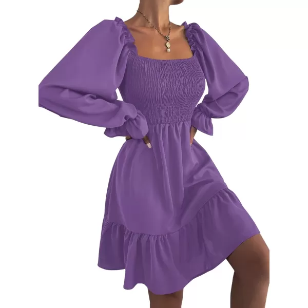 LYANER Women's Square Neck Lantern Long Sleeve Ruffle Shirred Flowy Party Mini Dress
