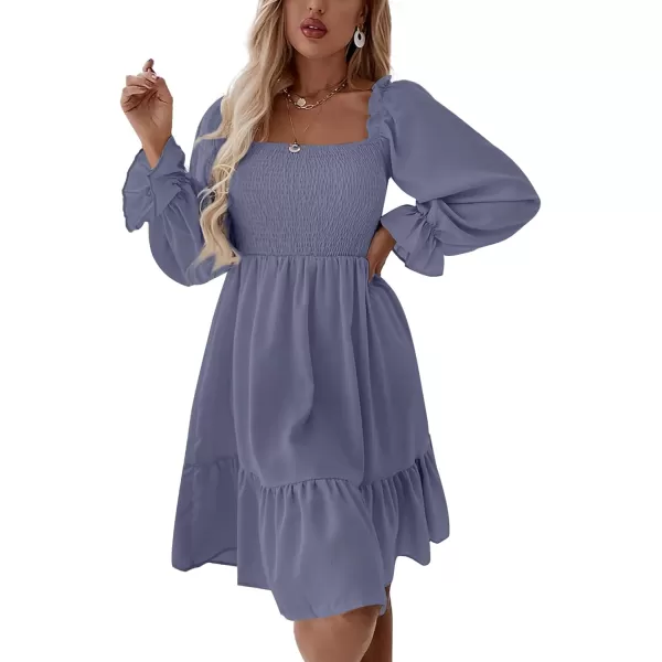 LYANER Women's Square Neck Lantern Long Sleeve Ruffle Shirred Flowy Party Mini Dress