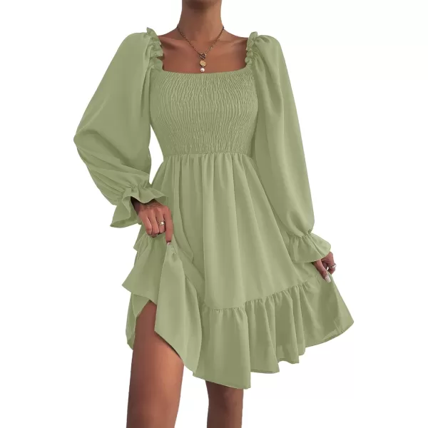 LYANER Women's Square Neck Lantern Long Sleeve Ruffle Shirred Flowy Party Mini Dress