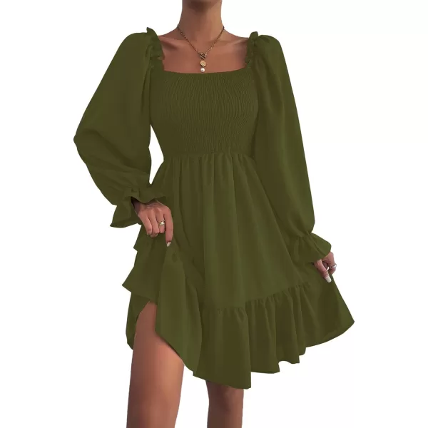 LYANER Women's Square Neck Lantern Long Sleeve Ruffle Shirred Flowy Party Mini Dress