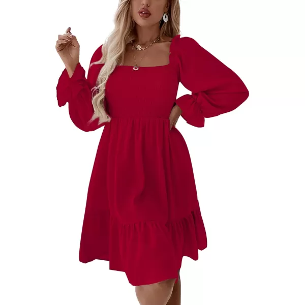 LYANER Women's Square Neck Lantern Long Sleeve Ruffle Shirred Flowy Party Mini Dress