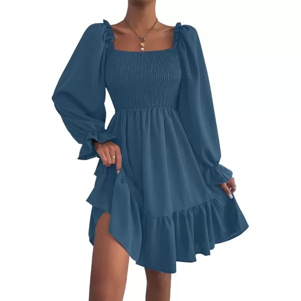 LYANER Women's Square Neck Lantern Long Sleeve Ruffle Shirred Flowy Party Mini Dress