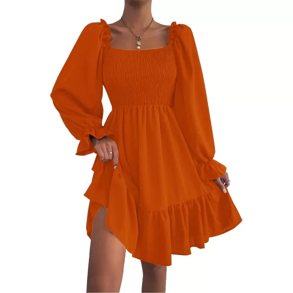 LYANER Women's Square Neck Lantern Long Sleeve Ruffle Shirred Flowy Party Mini Dress