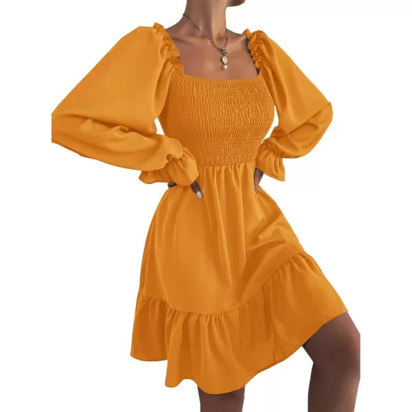 LYANER Women's Square Neck Lantern Long Sleeve Ruffle Shirred Flowy Party Mini Dress