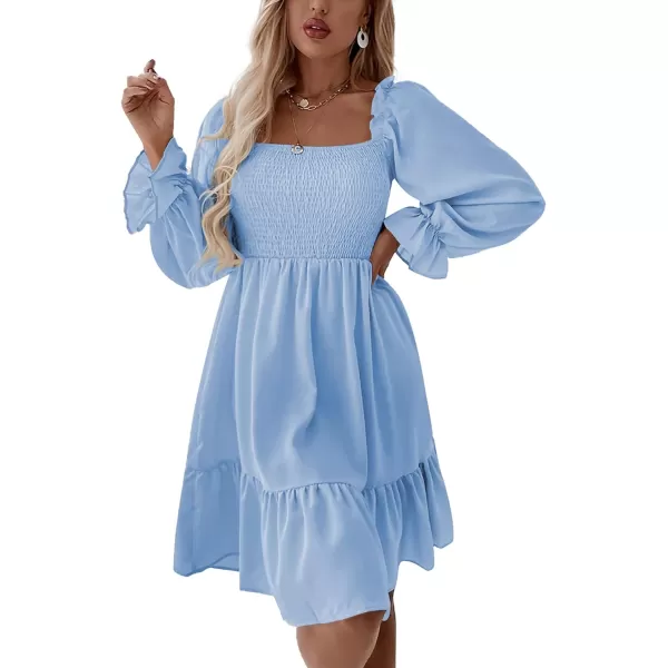 LYANER Women's Square Neck Lantern Long Sleeve Ruffle Shirred Flowy Party Mini Dress
