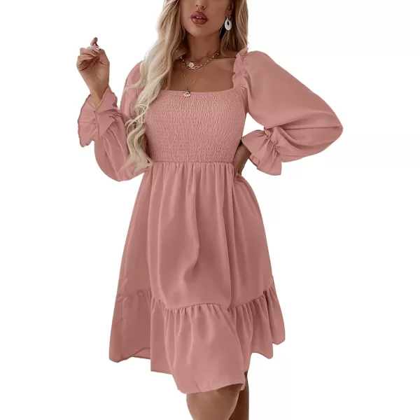 LYANER Women's Square Neck Lantern Long Sleeve Ruffle Shirred Flowy Party Mini Dress