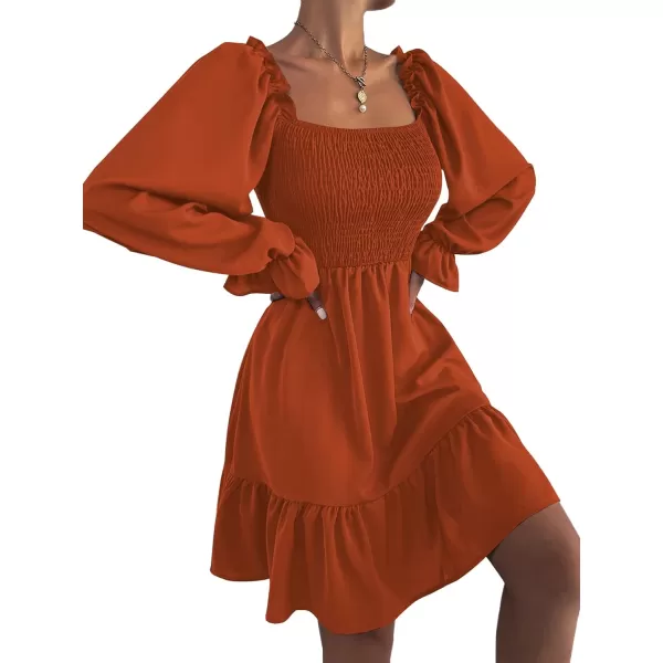 LYANER Women's Square Neck Lantern Long Sleeve Ruffle Shirred Flowy Party Mini Dress