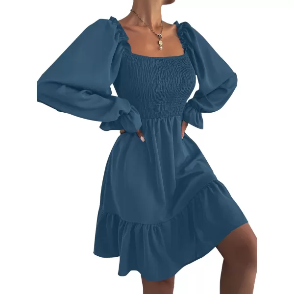 LYANER Women's Square Neck Lantern Long Sleeve Ruffle Shirred Flowy Party Mini Dress