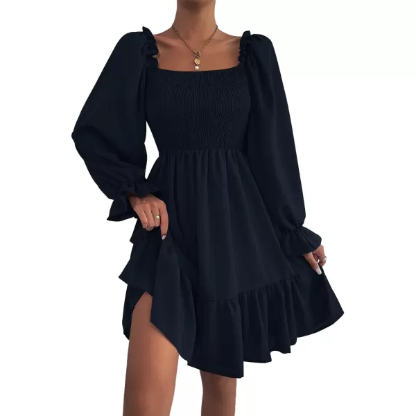 LYANER Women's Square Neck Lantern Long Sleeve Ruffle Shirred Flowy Party Mini Dress