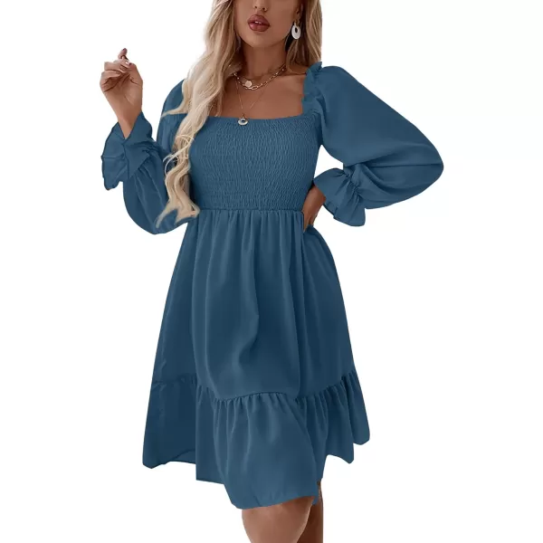LYANER Women's Square Neck Lantern Long Sleeve Ruffle Shirred Flowy Party Mini Dress