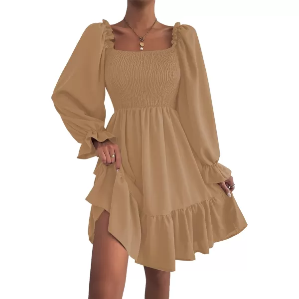 LYANER Women's Square Neck Lantern Long Sleeve Ruffle Shirred Flowy Party Mini Dress