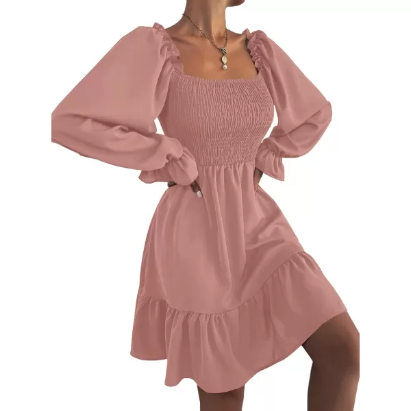 LYANER Women's Square Neck Lantern Long Sleeve Ruffle Shirred Flowy Party Mini Dress