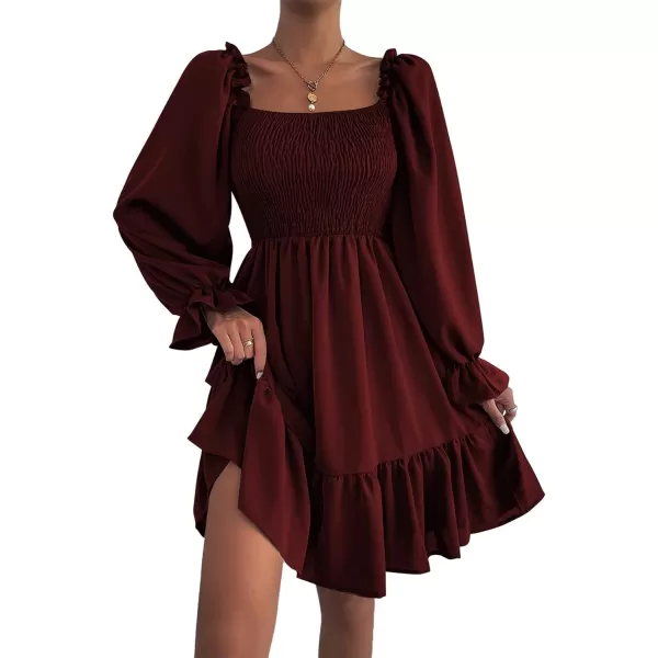 LYANER Women's Square Neck Lantern Long Sleeve Ruffle Shirred Flowy Party Mini Dress