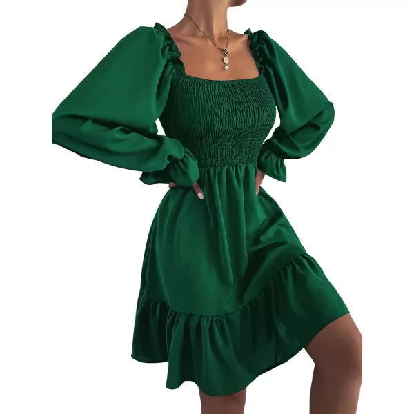 LYANER Women's Square Neck Lantern Long Sleeve Ruffle Shirred Flowy Party Mini Dress