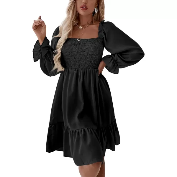LYANER Women's Square Neck Lantern Long Sleeve Ruffle Shirred Flowy Party Mini Dress