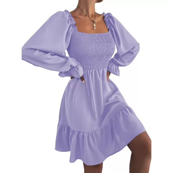 LYANER Women's Square Neck Lantern Long Sleeve Ruffle Shirred Flowy Party Mini Dress