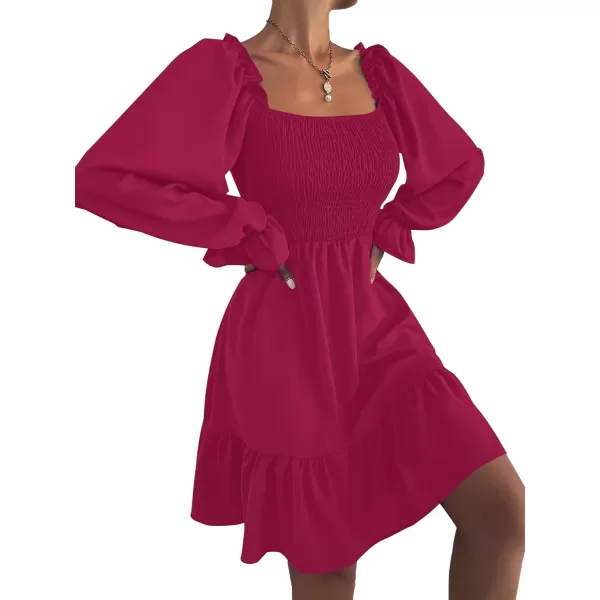 LYANER Women's Square Neck Lantern Long Sleeve Ruffle Shirred Flowy Party Mini Dress