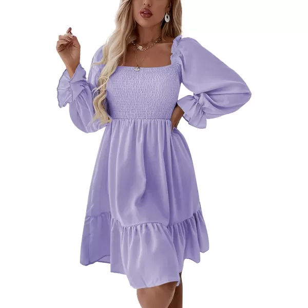 LYANER Women's Square Neck Lantern Long Sleeve Ruffle Shirred Flowy Party Mini Dress