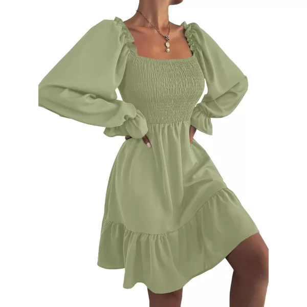 LYANER Women's Square Neck Lantern Long Sleeve Ruffle Shirred Flowy Party Mini Dress