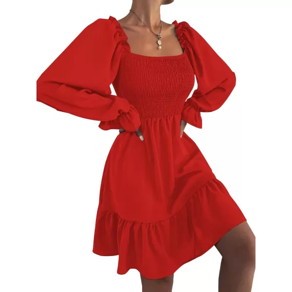 LYANER Women's Square Neck Lantern Long Sleeve Ruffle Shirred Flowy Party Mini Dress