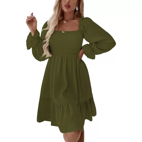 LYANER Women's Square Neck Lantern Long Sleeve Ruffle Shirred Flowy Party Mini Dress