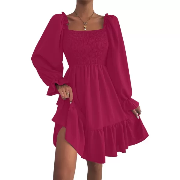 LYANER Women's Square Neck Lantern Long Sleeve Ruffle Shirred Flowy Party Mini Dress