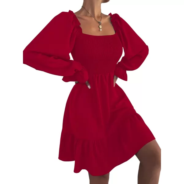 LYANER Women's Square Neck Lantern Long Sleeve Ruffle Shirred Flowy Party Mini Dress