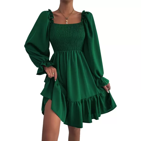 LYANER Women's Square Neck Lantern Long Sleeve Ruffle Shirred Flowy Party Mini Dress