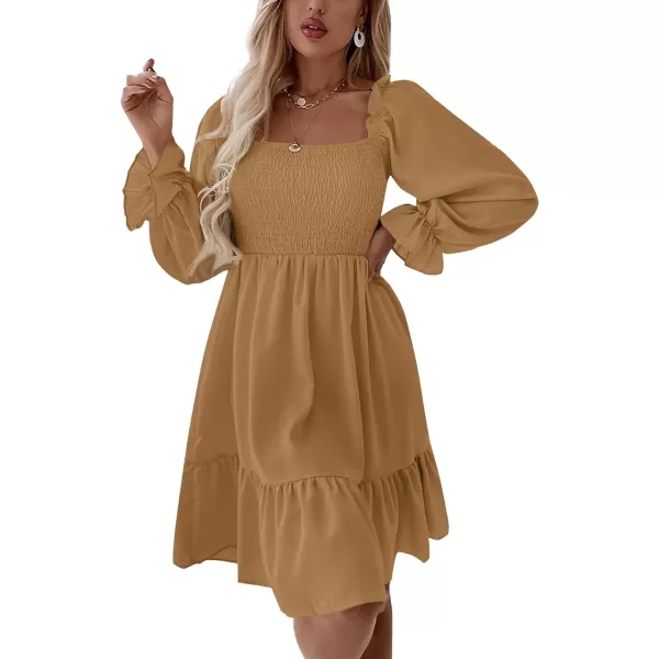 LYANER Women's Square Neck Lantern Long Sleeve Ruffle Shirred Flowy Party Mini Dress