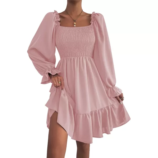 LYANER Women's Square Neck Lantern Long Sleeve Ruffle Shirred Flowy Party Mini Dress