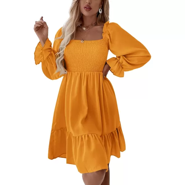 LYANER Women's Square Neck Lantern Long Sleeve Ruffle Shirred Flowy Party Mini Dress