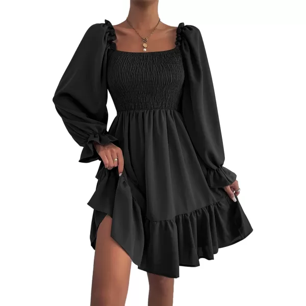 LYANER Women's Square Neck Lantern Long Sleeve Ruffle Shirred Flowy Party Mini Dress
