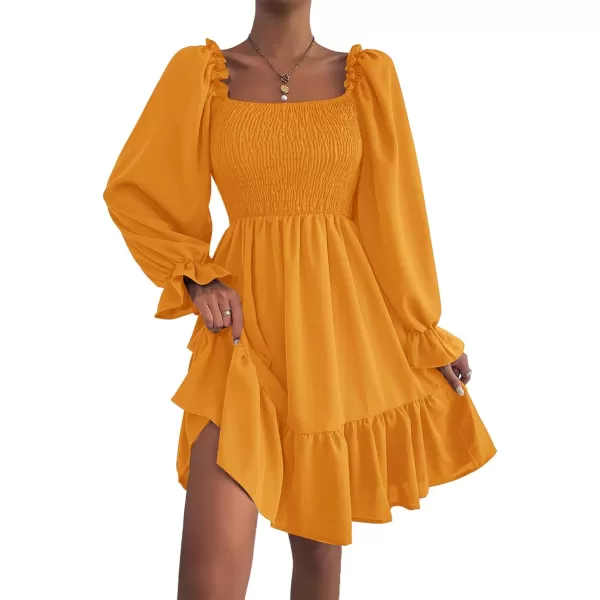 LYANER Women's Square Neck Lantern Long Sleeve Ruffle Shirred Flowy Party Mini Dress