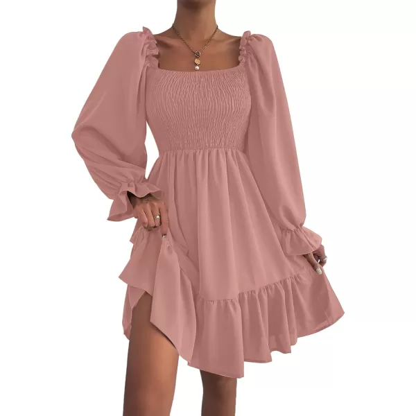 LYANER Women's Square Neck Lantern Long Sleeve Ruffle Shirred Flowy Party Mini Dress