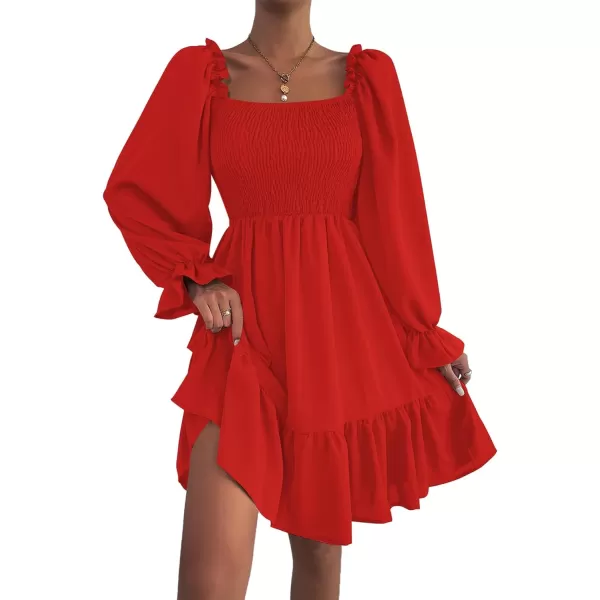 LYANER Women's Square Neck Lantern Long Sleeve Ruffle Shirred Flowy Party Mini Dress