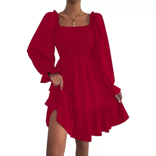 LYANER Women's Square Neck Lantern Long Sleeve Ruffle Shirred Flowy Party Mini Dress