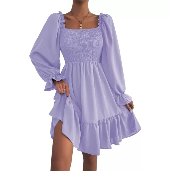 LYANER Women's Square Neck Lantern Long Sleeve Ruffle Shirred Flowy Party Mini Dress