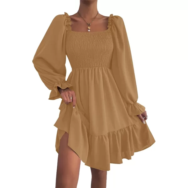 LYANER Women's Square Neck Lantern Long Sleeve Ruffle Shirred Flowy Party Mini Dress